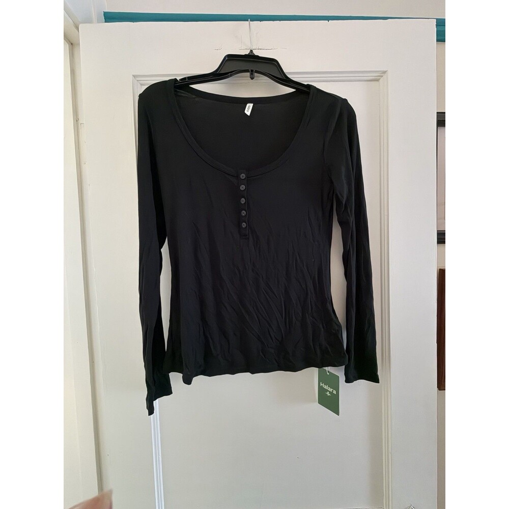 Halara Women's Henley Long Sleeve Slim Top MP7 Black Size S NWT